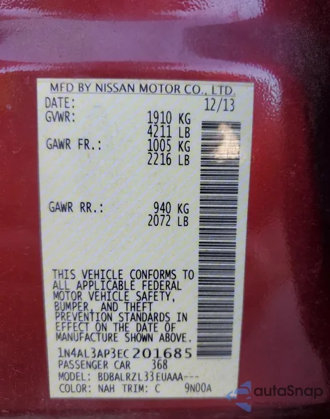 2014 Nissan Altima 2.5 from USA, damaged, VIN 1N4AL3AP3EC201685